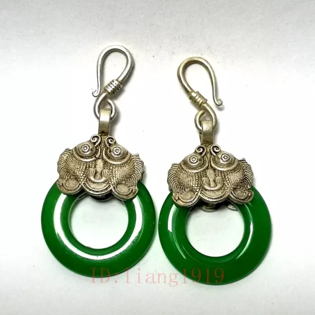 Pretty a Pair Old China Tibet Silver Hand-made Inlay Jade Fish Eardrop Dangler