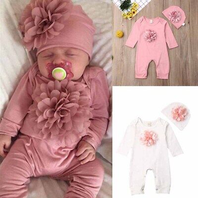 Newborn Kids Baby Girl Clothes Floral Romper Tops Hat Outfits Tracksuit Set