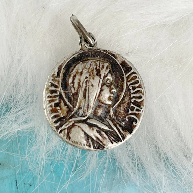 VINTAGE SILVER MEDAL Our Lady Virgin Mary Charm Notre Dame De Lourdes ...