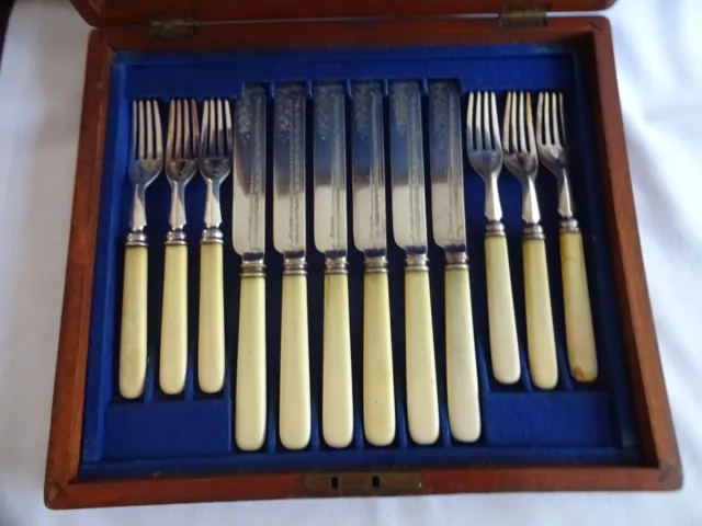 Wooden Cased 24 Pieces Silver Plated Ornate Fish Knives & Forks Atkin Sheffield