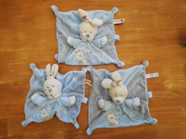 0/ Lot 3 Doudou lapin carré plat velours Bleu gris Beige ABC Nicotoy Simba Toys