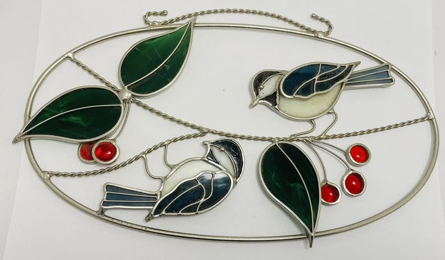 Stained Glass Birds on Branch w Leaves Cherry Oval Metal  Blue White Green Red