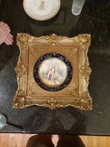 Hand Painted French Plate Antique Framed Gold Leaf Porcelain