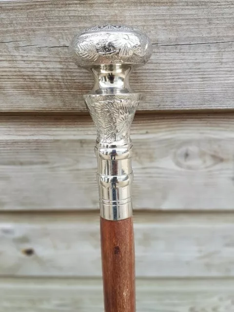 Gentlemens Classic Style Wooden Walking Stick Cane Brass Handle Nickel Finish