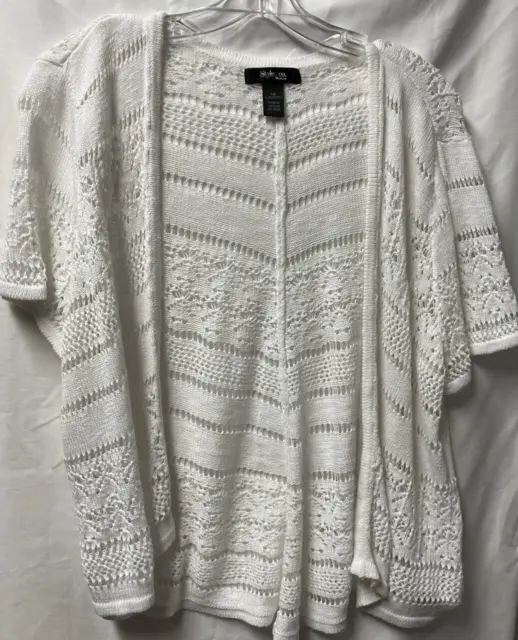 Style & Co Women Crop Sweater Crochet Knit Open Front White Cardigan Plus sz 1X