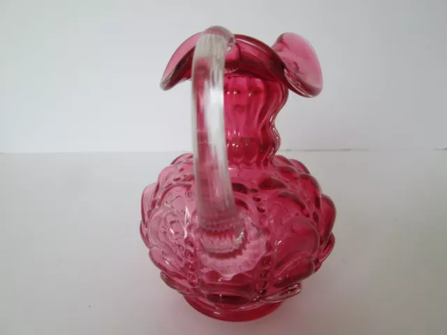 Fenton Art Glass Cranberry Pink Melon Ruffled Handled 4.5" Mini Pitcher