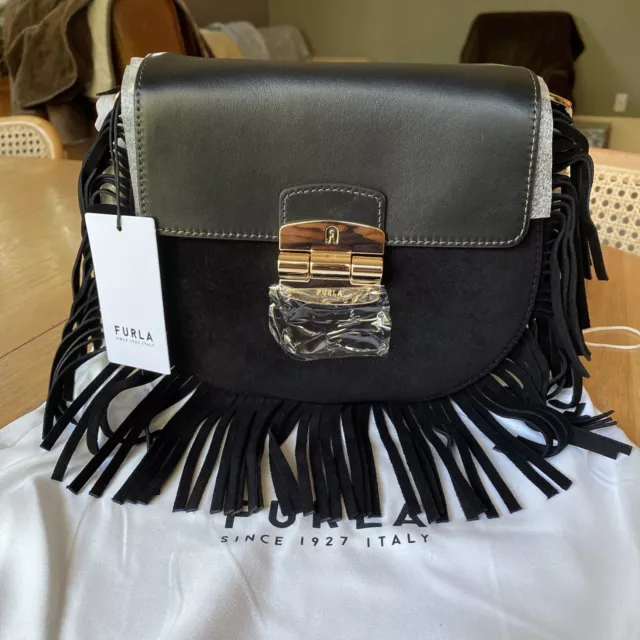 Furla Club 2 S Crossbody Bag NWT - Italy- Black Fringed Gold Hardware $500