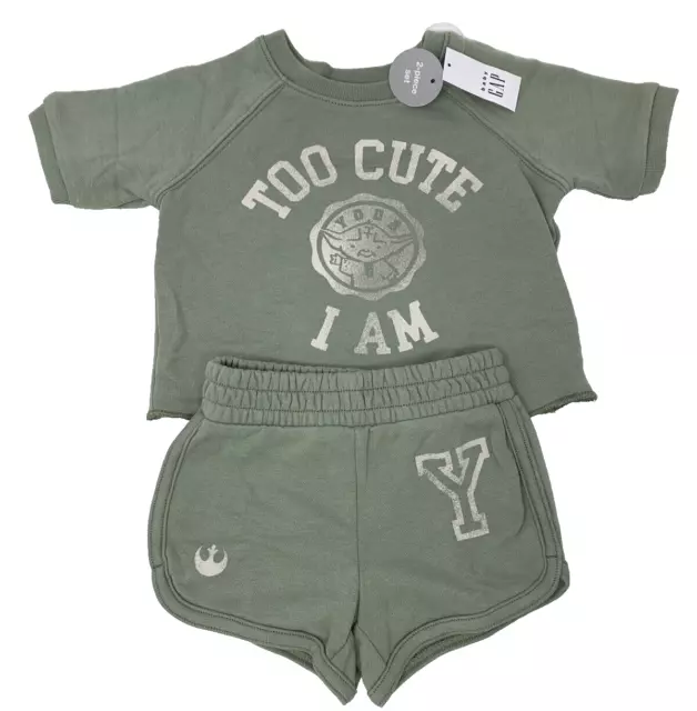 NWT Gap Baby Boys 6-12 Month Green Star Wars Yoda Too Cute I Am French Terry Set