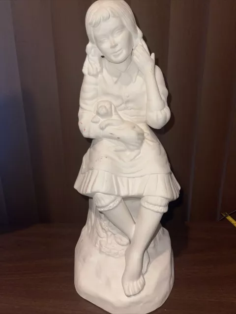 Vintage Holland Mold Girl Sitting On Tree Stump Holding Dog Puppy 1971 16” Tall