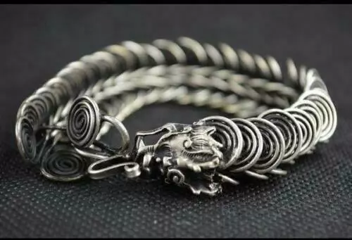 China Collectibles Handwork Tibet - Silver & Chinese old lucky Dragon Bracelet A