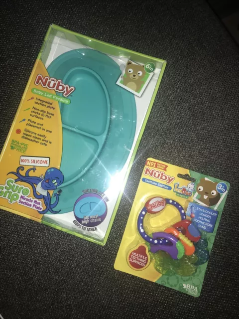 2 NEW Nuby Baby Led Feeding Miracle Mat Section Plate & TEETHER TEETHING RATTLE