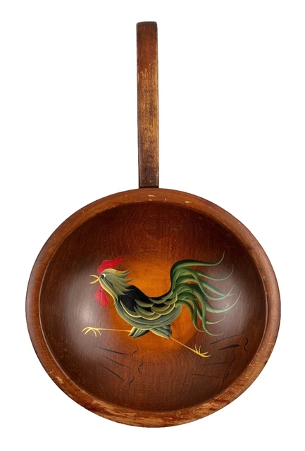 Vintage Munising Wood Wooden Footed Bowl w/ Hand Painted Rooster Handle USA