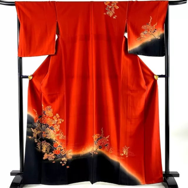 Japanese kimono  "HOUMONGI" SILK, Gold leaf, Peony, KIKU（菊）, Orange ,L5'5"..3383