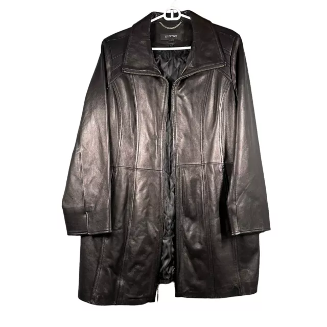Ellen Tracy Womens Genuine Leather Collared Zip Up Jacket Coat Black Plus Sz 1X