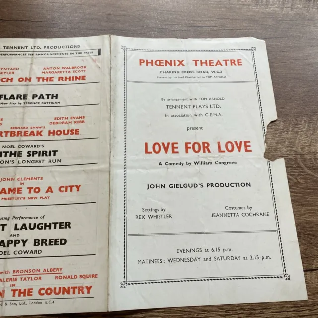 Phoenix Theatre - Love For Love Theatre Programme c1944  JOHN GIELGUD