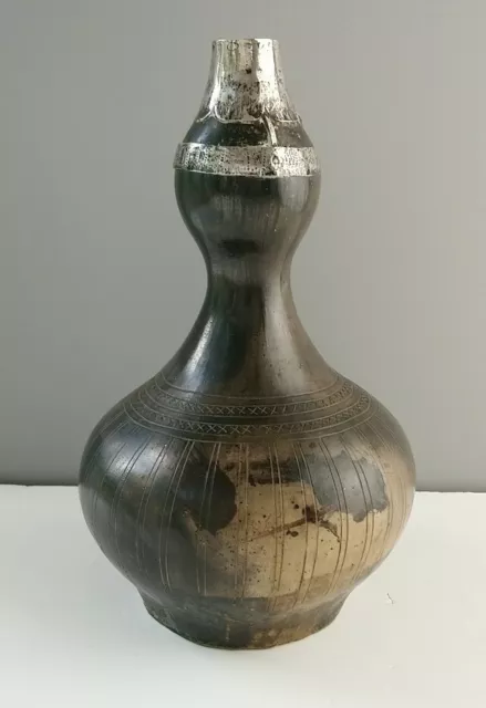 Antique Malay Earthenware Water Flask Silver Mounts Labu Ayer 23cm tall
