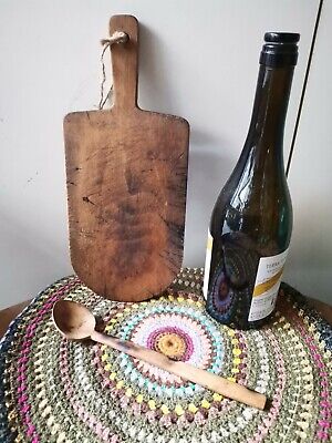 Old primitive carved wooden cutting board w carved primitive spoon farmhouse 19c