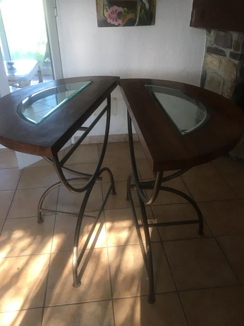 Tavolo consolle mezzaluna, in ferro, teck e vetro, 2 da creare 1! Buono stato !