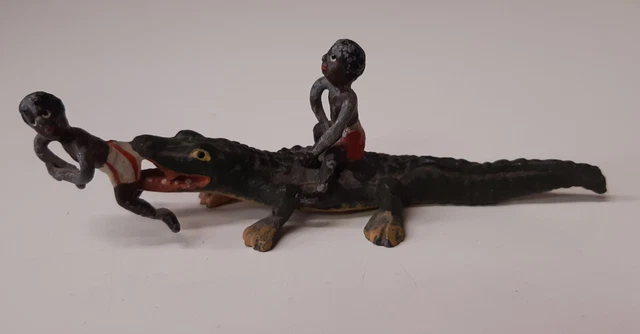 Crocodile + enfants africains en plomb (circa 1910) ADORABLE