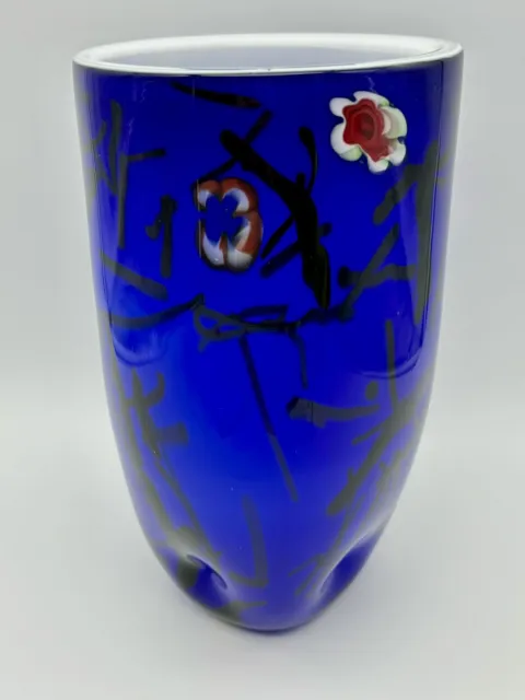 Hand Blown Art Glass Vase Cobalt Blue Floral  9.5” White Interior