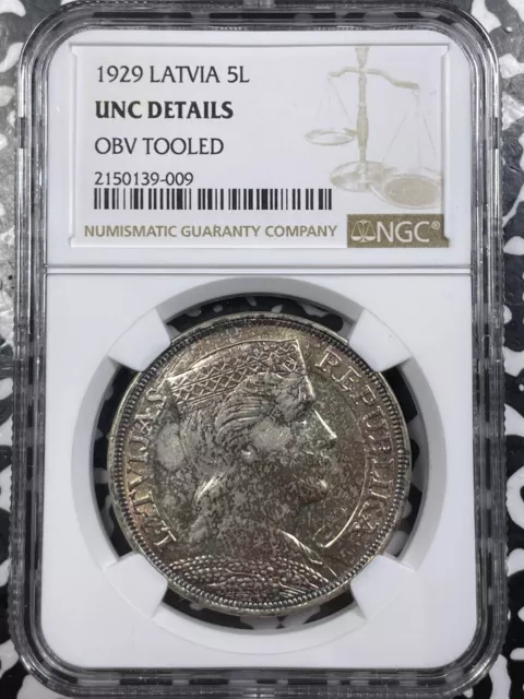 1929 Latvia 5 Lati NGC Obverse Tooled-UNC Details Lot#G6842 Large Silver!