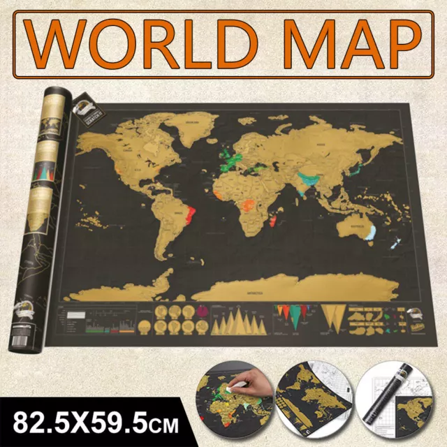 Deluxe Scratch off world Map Interactive large Poster Atlas Travel Decor Gift