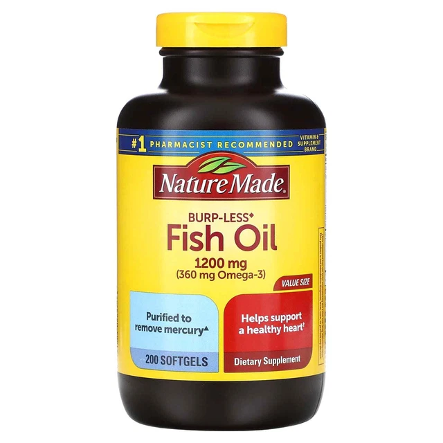 2 X Hecho en la naturaleza, aceite de pescado, sin eructos, 1.200 mg, 200 cápsulas blandas