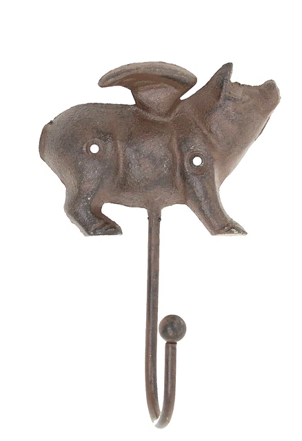 Flying Pig Wall Hook Key Holder 5" Cast Iron Rustic Brown Color