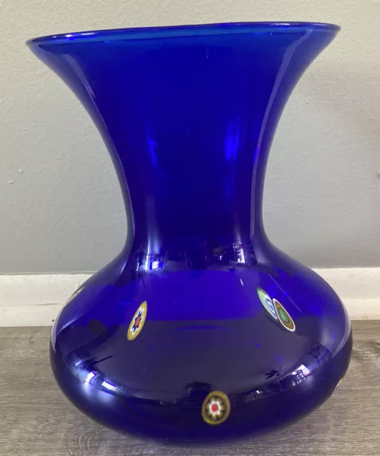 Made In Italy Venezia Italian Murano Millefiori Glass Vase Cobalt Blue 12” Tall!
