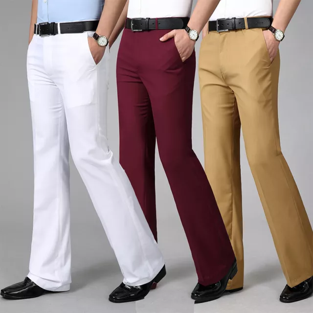 Men Bell Bottom Pants Vintage 60s 70s Flare Formal Dress Trousers Slim Fit