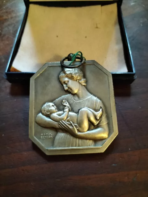 Medaille Vierge A L Enfant Bronze Argente Par