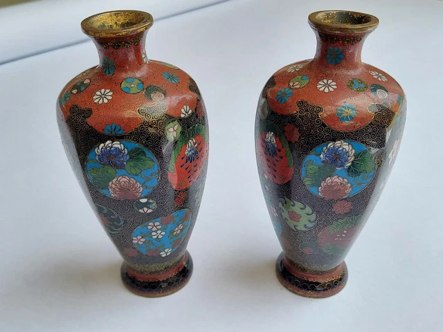 Pair of 19th Century Meiji Period Cloisonne Hexagon Vases, 6" As Found