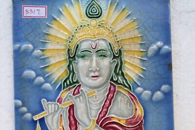 Antique Old Hindu God Krishna Engrave Majolica Ceramic Tile Made In Japan NH3317 3