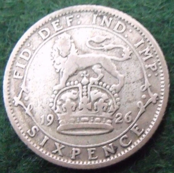 1926 GEORGE V SILVER SIXPENCE  ( 50% Silver )  British 6d Coin.   367