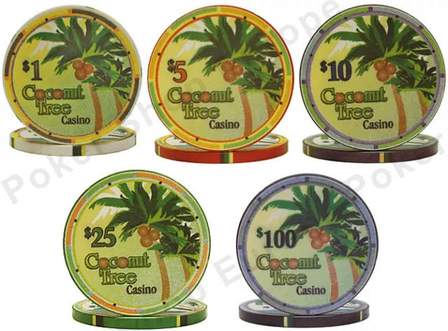 CERAMIC POKER CHIPS (sample pack) COCONUT TREE CASINO PROFESSIONAL CLAY FEEL