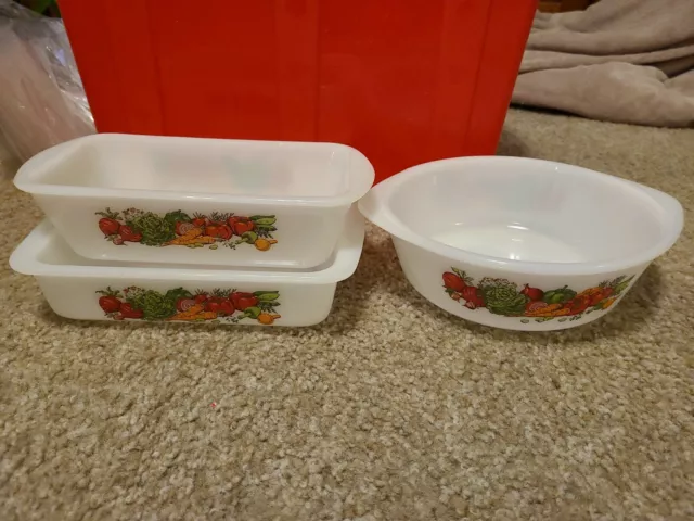 Set of 3 Vintage Glasbake Vegetable Medley Milk Glass Dishes