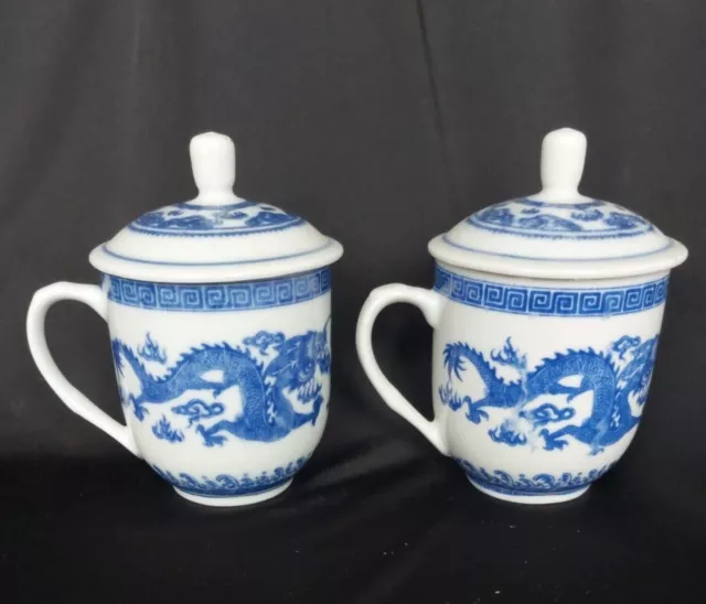 Pair Chinese Blue & White Porcelain Tea/ Chocolate Cups With Lid Dragons Marked