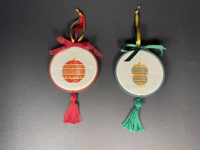 Vintage Mini Needlepoint Christmas Ornaments Lot Of 5 Handmade Cross stitch