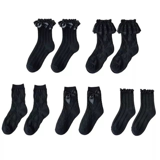 Women Black Crew Socks Gothic Frilly Ruffled Lace Striped Ankle Hosiery
