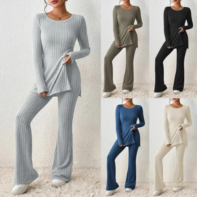 Womens Lounge Wear Tracksuit Ladies Ribbed Loose Tops Pants Casual Co-ord Set UK