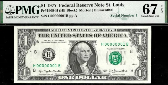 $1 1977 FRN =SUPERB SERIAL NUMBER ONE= H00000001B PMG Superb Gem Unc 67EPQ