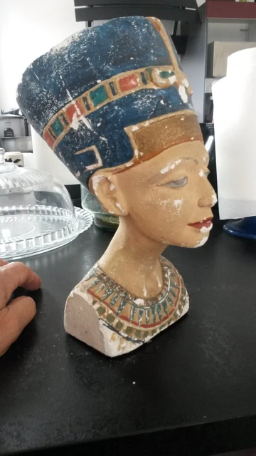 Rare Buste Ancien  De Nefertiti Egypte Platre Peint 11