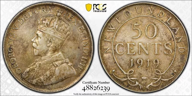 1919 C Canada Newfoundland 50 Cents Half Dollar PCGS AU Details Cleaned KM12