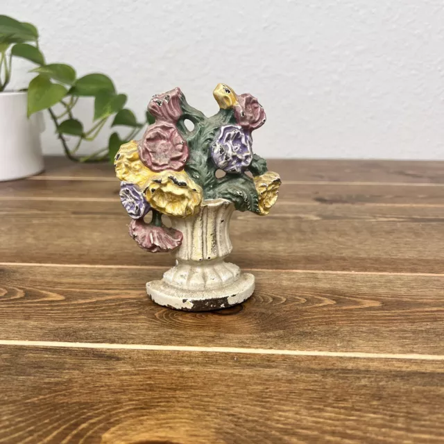 Vintage Metal Cast Iron Small Wedge Doorstop, Painted Flowers in Vase Urn , 5"