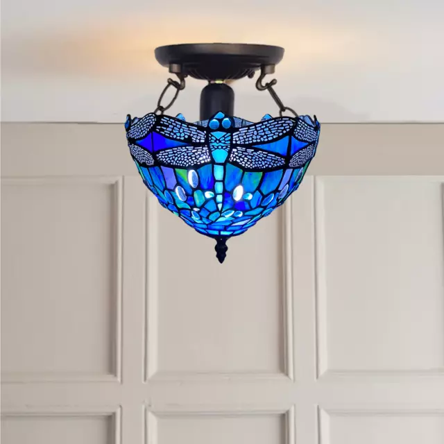 Blue Dragonfly Tiffany Ceiling Lamp 10 inch Stained Glass Shade Antique Style