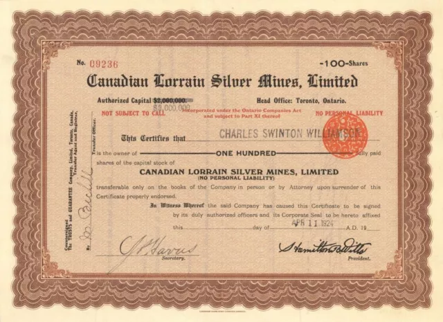 Canadian Lorrain Silver Mines, Limited - Foreign Stock Certificate - Foreign Sto