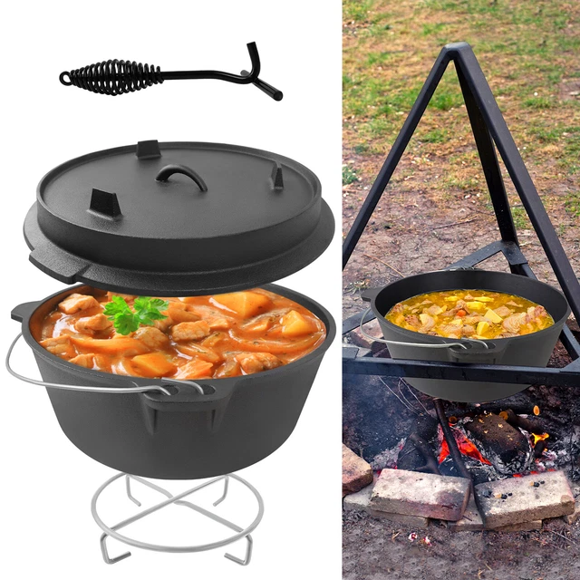 Dutch Oven BBQ Gusseisen Grill Deckelheber Schmortopf Feuertopf Gusstopf + Füßen