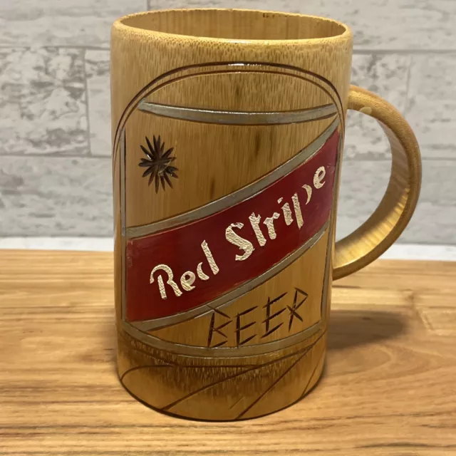 Red Stripe Beer Carved Bamboo Wood Mug Hand Carved & Painted Jamaica