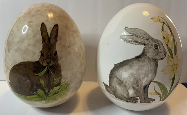 Two Big Ceramic Glazed Easter Bunny Rabbit Eggs Decor A12