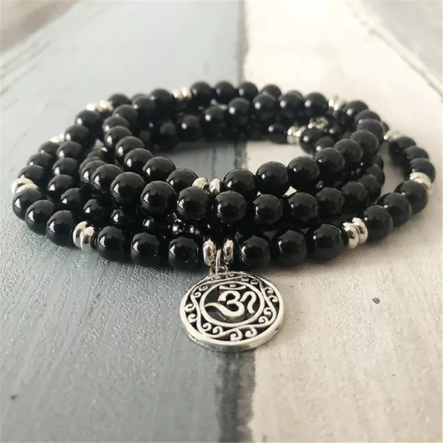 Pendentif 8 mm 108 perles de Bouddha onyx noir argent bracelet Reiki bénédiction prière yoga 3